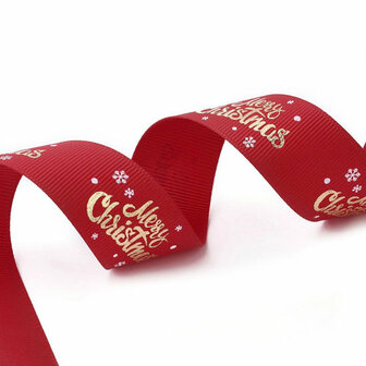 Kerstlint merry christmas en ijskristal rood 25 mm breed