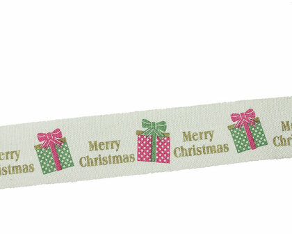 Kerstlint merry christmas en kado 20 mm breed