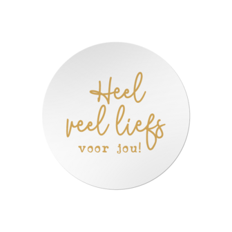 Ronde stickers heel veel liefs voor jou wit goud metalic tekst 10 stuks