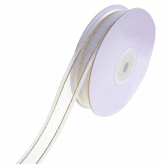 Organza satijn lint met goud lurex randje 15 mm wit