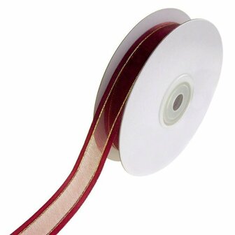 Organza satijn lint met goud lurex randje 15 mm bordeaux rood