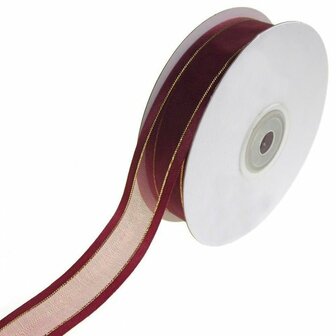 Organza satijn lint met goud lurex randje 25 mm bordeaux rood