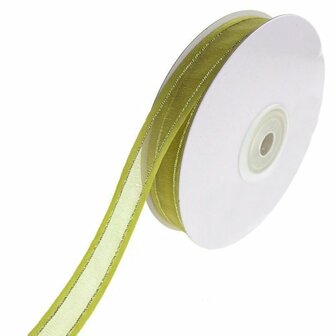 Organza satijn lint met goud lurex randje 15 mm licht lime groen