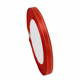 Satijn lint 6 mm rood met goud lurex randje