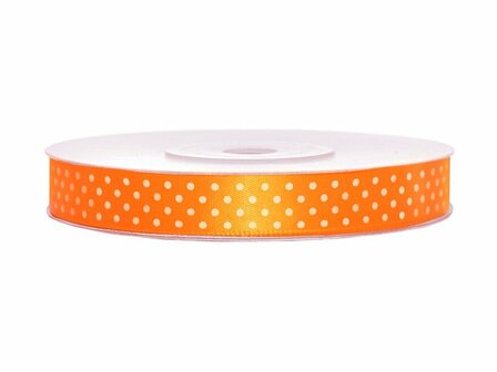 Satijn lint 12 mm oranje met witte stippen