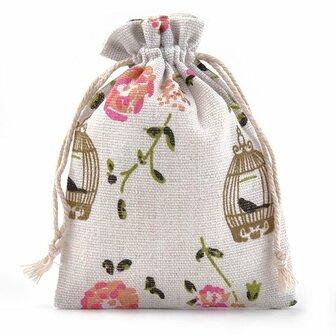 Katoenen zakjes bloemen en vogelkooitje