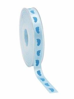 Satijn lint licht blauw met aqua voetjes 12 mm breed