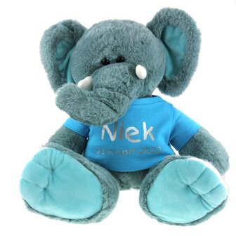 Knuffel met naam en geboortedatum olifant blauw