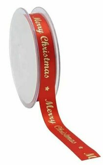 Satijn lint merry christmas rood met goud bedrukking 15 mm breed 5 meter