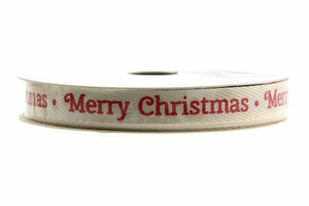 Kerstlint katoen look merry christmas rood 10 mm breed