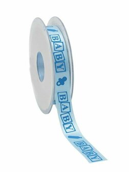 Satijn lint licht blauw met baby blokken 15 mm breed 5 meter