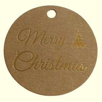 Kraft label rond merry christmas metallic goud 10 stuks