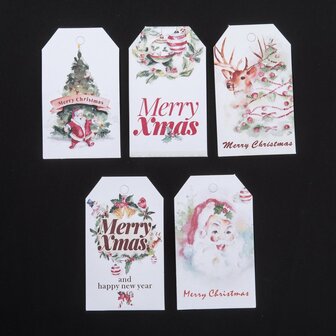 Kerst label 7 x 4.5 cm mix wit merry christmas 10 stuks