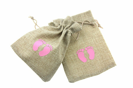 Jute look zakjes babyvoetjes roze 9.5 x 13.5 cm