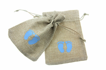 Jute look zakjes babyvoetjes blauw 9.5 x 13.5 cm