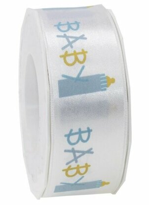 Satijn lint 4 cm licht blauw met baby papfles