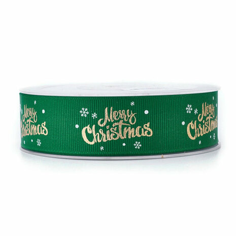 Kerstlint merry christmas en ijskristal groen 25 mm breed