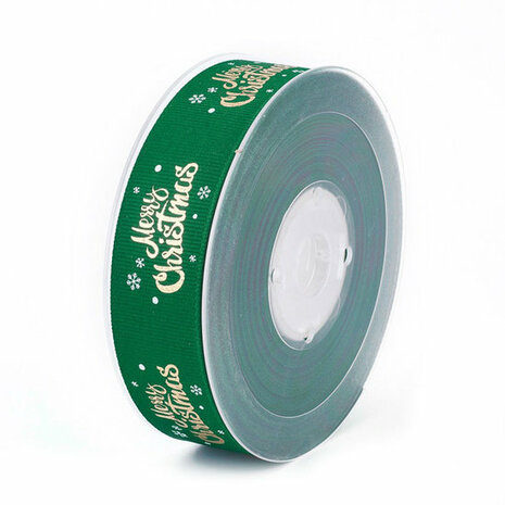 Kerstlint merry christmas en ijskristal groen 25 mm breed