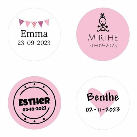 Geboortebedankjes roze papfles sticker naam en geboortedatum