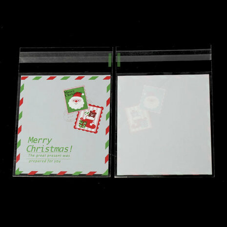 10 cellofaan zakjes met plakstrip kerstman wit rood groen